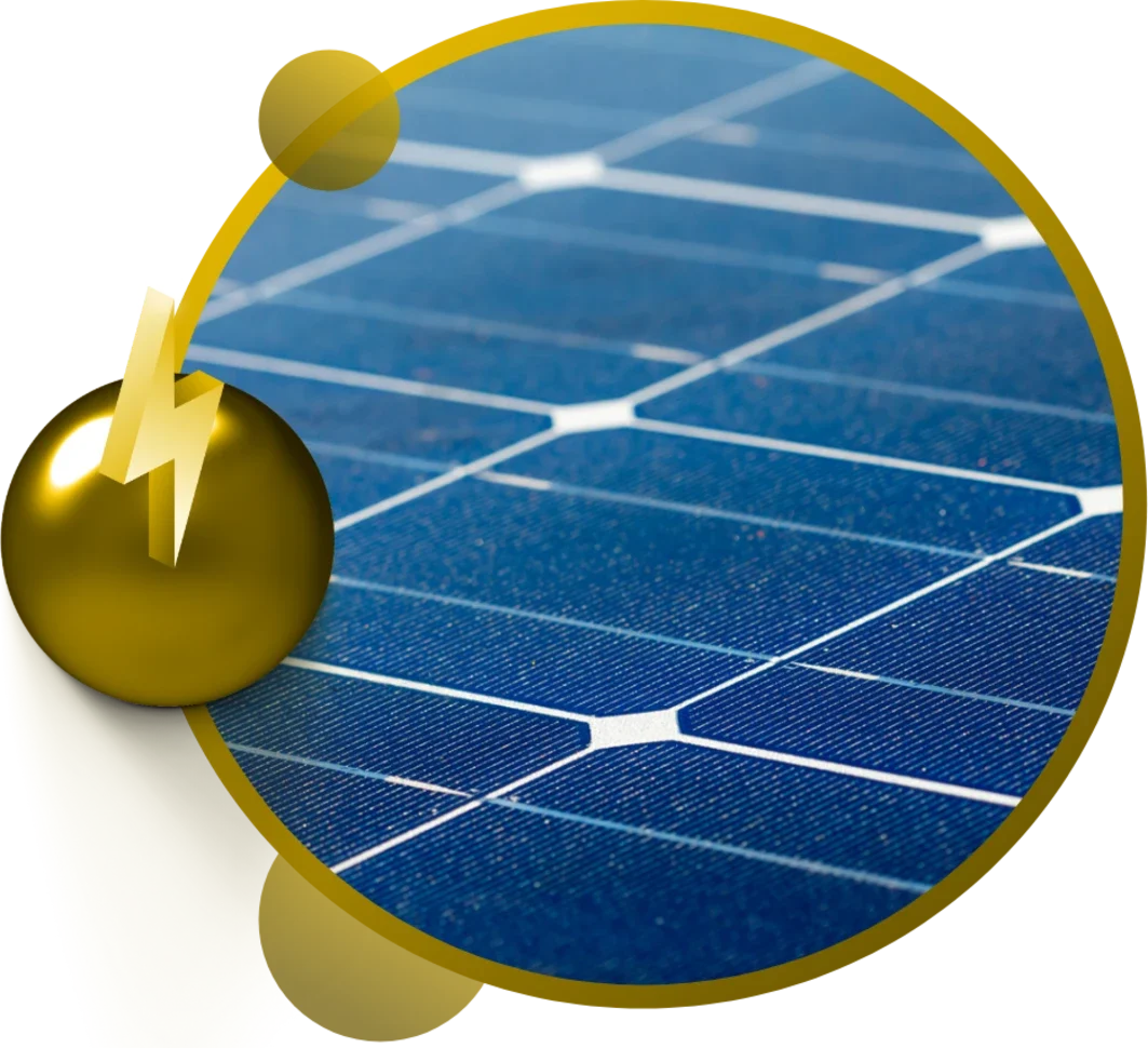 Close-up of a solar panel with a graphic representation of an energy symbol.