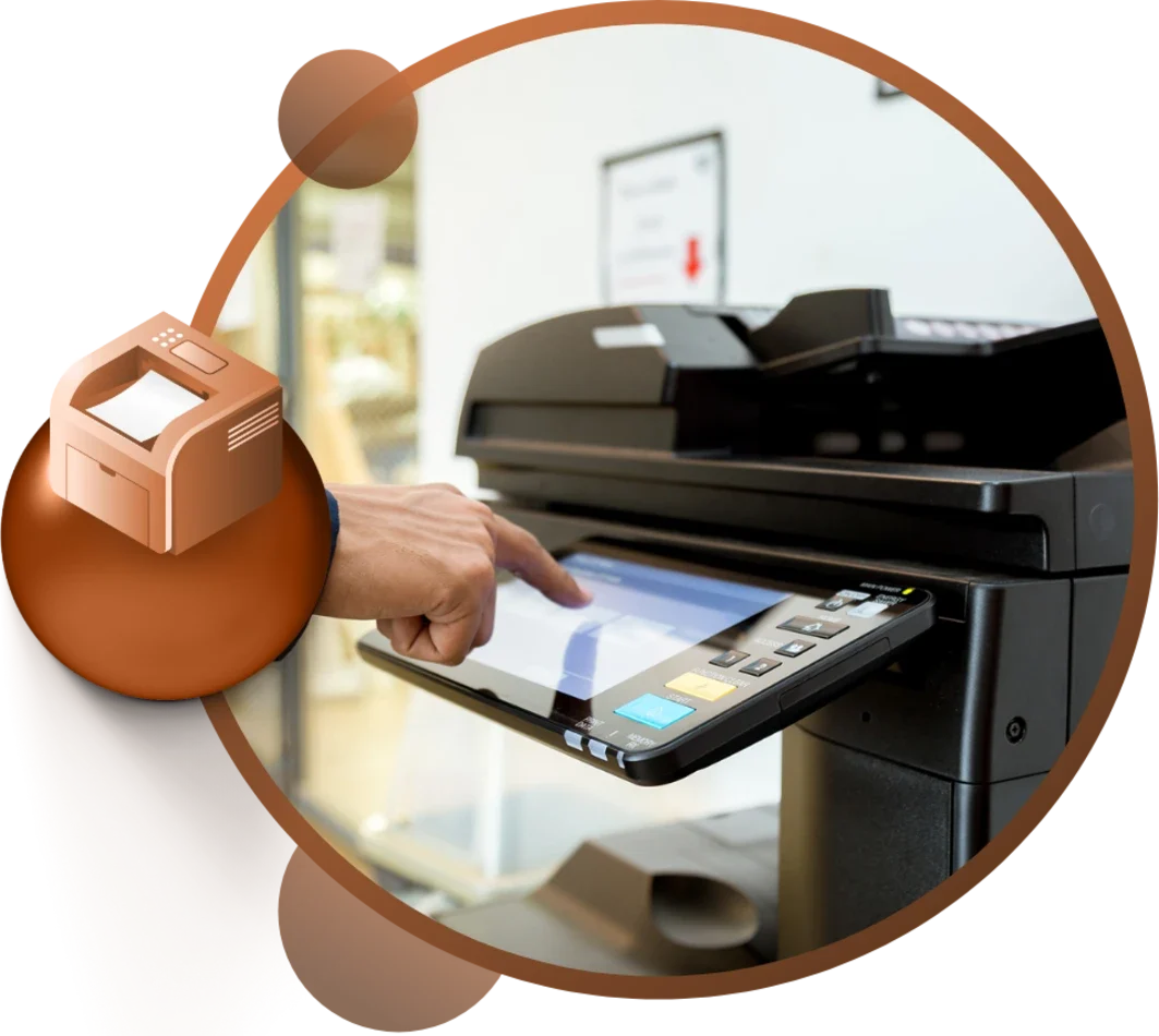 A hand interacting with the touchscreen of a multifunction printer.