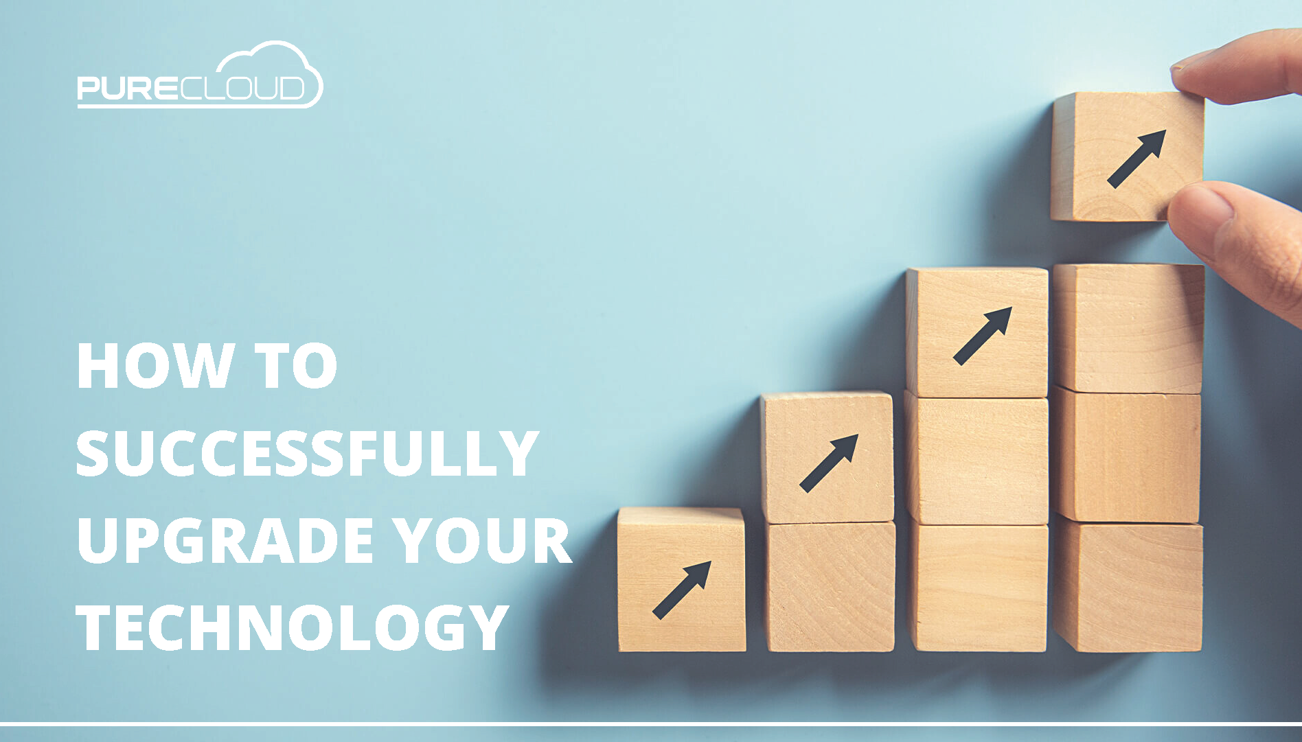 Wooden blocks arranged in a staircase pattern with upward arrows, illustrating the concept of technology upgrades.