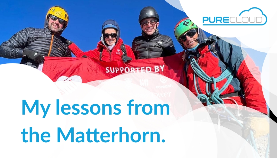 Group of four climbers holding a banner that reads 'Supported by' with the title my lessons from Matterhorn.