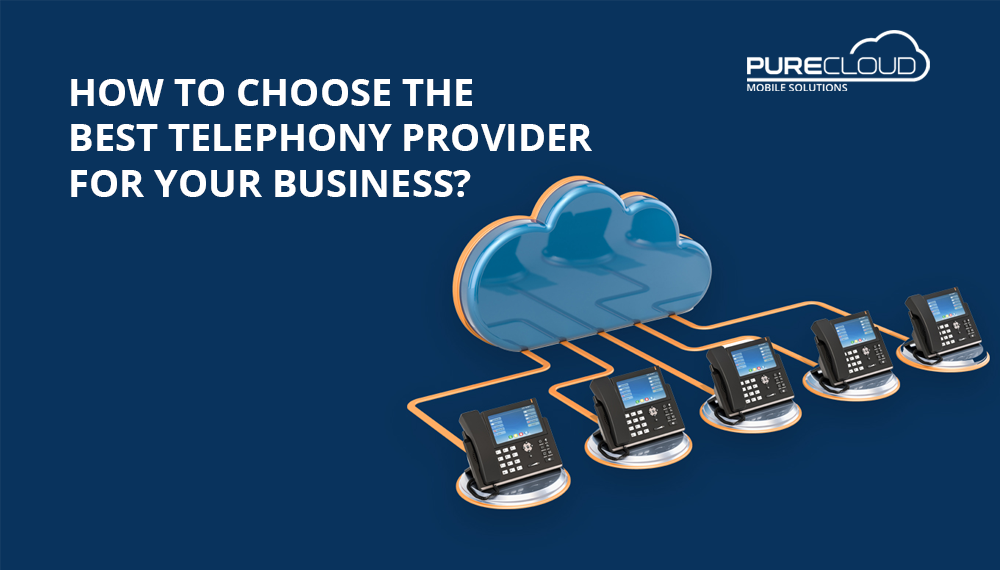 Graphic illustrating telephony solutions with multiple phones connected to a cloud symbol, representing telephony provider options.