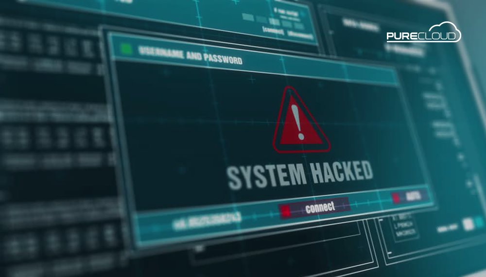 Digital interface displaying a warning message that says 'SYSTEM HACKED' with a red alert symbol and fields for username and password.
