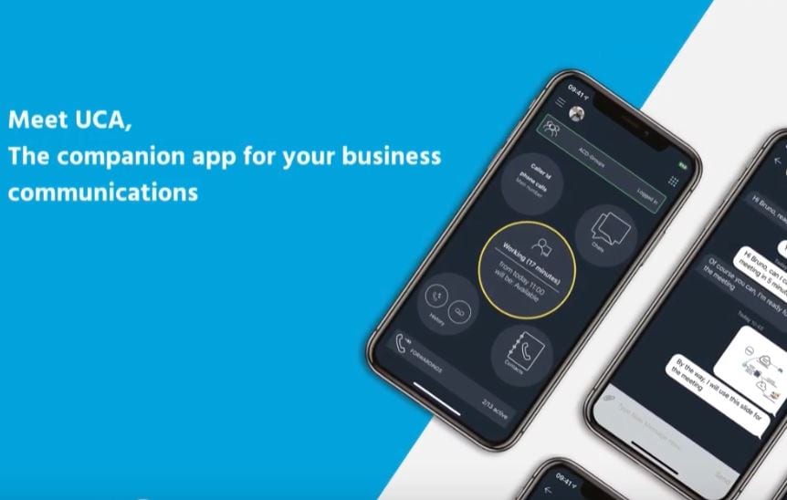 Close-up of a phone displaying a UCaaS app on its screen.