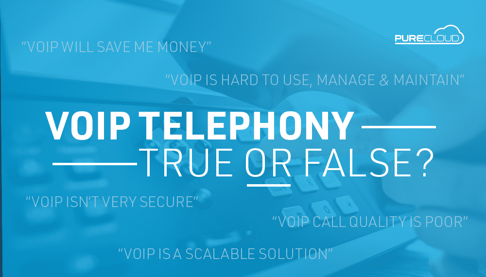Hand using a smartphone with a blue graphic overlay reading ‘VoIP Telephony: True or False?